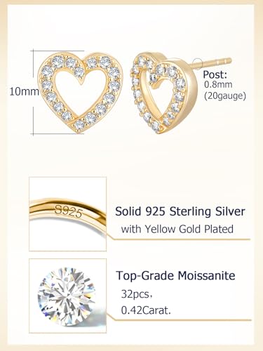 All Moissanites Sparkly Geometric Stud Earrings for Women, Solid 925 Sterling Silver with Rhodium/Gold Plated Hypoallergenic, Lightweight Comfy Earrings - color: Heart - Yellow Gold