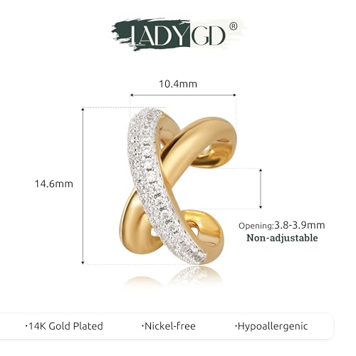 Sparkle Ear Cuff for Women, Non Piercing Single | 14K Gold Plated Brass, Clear Cubic Zirconia Accents, Fixed 3.8-3.9 mm Opening, Single Non-Piercing Cuff For Ear Stacks - style: Cross Sparkle
