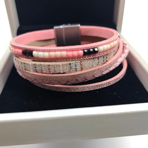 Women's Multi Layer Leather Wrap Bracelet String Bracelets for Women, Boho Braid Multi-Layer Crystal Beads Cuff Women Bracelet Jewelry - color: Pink