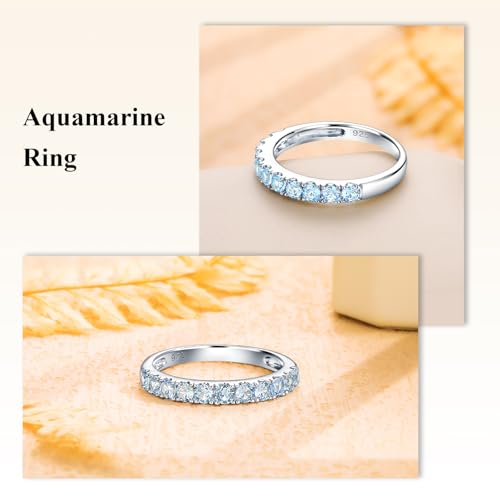 Bezel Set Birthstone Wedding Band 14K Gold Sterling Silver Stackable Half Eternity Band Rings 2.5mm Wide Ruby/Amethyst/Sapphire/Emerald Green/Aquamarine Ring for Women, Send Gift Box - style: 03-Created Aquamarine