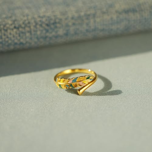 LOVECOM 14k Gold Plated Colorful Enamel Feather Rings for Women 925 Sterling Silver Adjustable Animal Feather Western Wrap Ring Cute Open Finger Thumb Ring Jewelry Birthday Gifts to Daughter