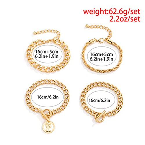 Boho Fashion Dainty Boho Gold Silver Chain Stackable Bracelets Set for Women Adjustable Beaded Coin Chunky Flat Cable Chain Punk Bracelets Jewelry for Women Gift Set of 4 - color: Gold