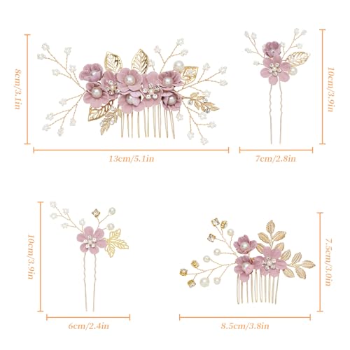 6 Pcs Bridal Hair Accessories French Hair Side Combs and Hair Pins,Gold Wedding Jewelry Headpiece with Rhinestone for Brides Bridesmaids Women Girls(Purple Flower) - color: Purple
