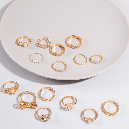 Airvess Gold Knuckle Rings for Women Trendy, Vintage Stackable Rings 14k Gold Plated Rings Sets Dainty Joint Finger Midi Ring Cute Rings Pack Festival Jewelry Gift - style: 15 Pcs