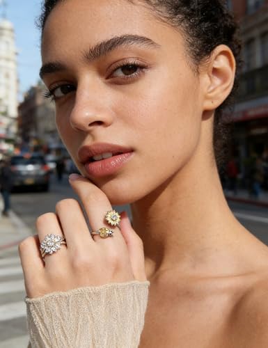 Anxiety Rings for Women – Adjustable Flower Spinner Ring, Daisy & Sunflower Fidget Ring, Gold Plated Calming Jewelry - style: Style 08