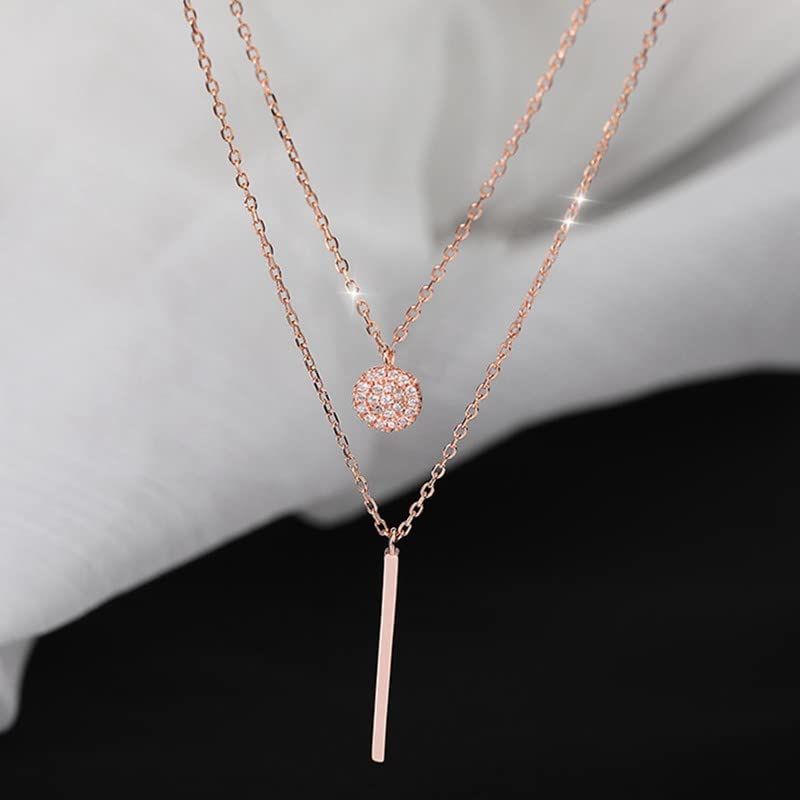 POYAMUSE Elegant Layered Gold Necklace for Women - Double Layered with Cubic Zirconia Pendant and Geometric Bar Charm Stacked Necklace for Women