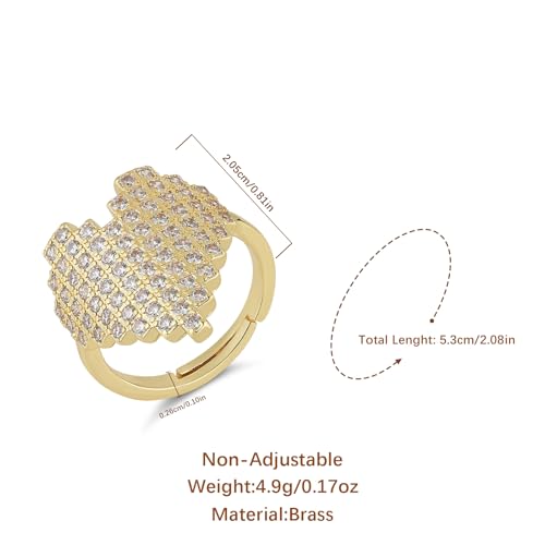 HZMAN Brass Crystal Adjustable Open Ring Collection, Multi-Style Statement Rings for Women & Men, Mix Cut & Paved Crystal Designs - color: Paved Heart Ring