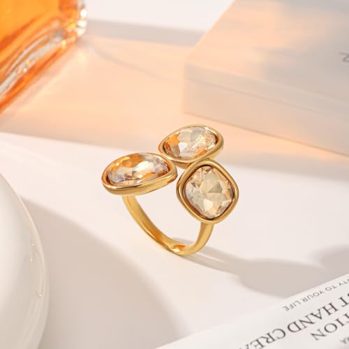 Geometric Crystal Statement Ring for Women Stainless Steel Adjustable Open Bezel Square Teardrop Austrian CZ Princess Cut Wedding Promise Finger Rings Comfort Fit Stacking Band Dainty Jewelry Art Deco - color: Champagne Cz