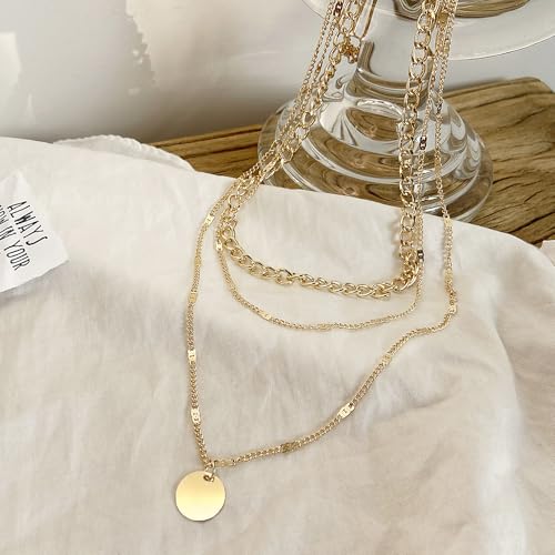 3Pcs Gold Circle Pendant Necklace Set Dainty Layered Stacked Pearls Chain Choker Necklace Trendy Birthday Jewelry Accessory Gift for Women - color: Gold Coin