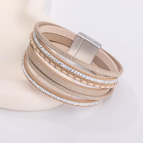 Boho Layered Leather Wrap Bracelets Chunky Western Country Hippie Jewelry | Stackable Bohemian Cowgirl Magnetic Clasp Cuff Bangle Set Fashion Stack Statement Festival Trendy Jewelry Gifts for Women - color: Gold