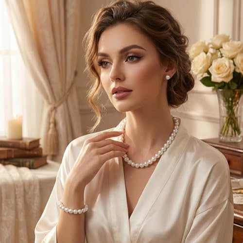 Pearl Necklace Set for Women, 8mm Women Faux Pearl Necklace Bracelet 4-Piece Pearl-necklace and Earring Set Includes Bracelet & Stud Earrings for Brides Bridesmaid Wedding Party