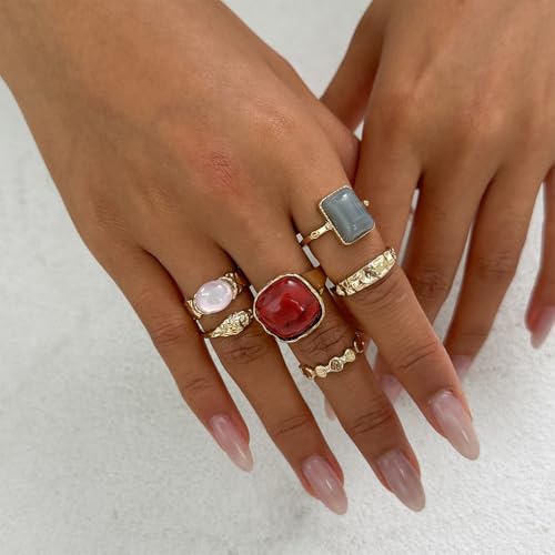 Statement Colorful Crystal Chunky Gold Hammered Dome Knuckle Rings Stackable for Women, Retro Thick Resin Ring Stacking Prom Party Jewelry Accessories - color: Red