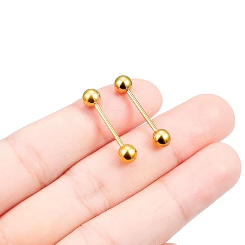 16G 14G Surgical Steel Tongue Rings Nipple Rings Industrial Piercing Jewelry Set Multi Size Straight Barbells 12mm 14mm 16mm 19mm 22mm 28mm 32mm 35mm 38mm 40mm 45mm for Women Men - color: goldtone, size: 16g,bar length 14mm