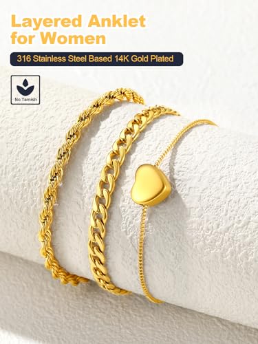 U7 2Pcs/3Pcs Ankle Bracelets for Women, Stainless Steel Cuban Link/Figaro/Rope/Heart Chain Anklets Sets,Waterproof Layered Anklets Adjustable 8.5"-10.5" - color: 04. 3Pcs Style B-Gold