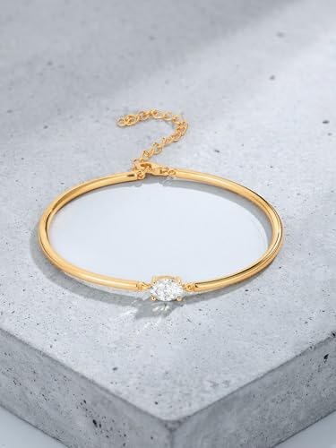 Moissanite/Sapphire/Ruby/Emerald Cuff Bracelet 1 Carat Oval Cut Center Stone Inlaid 925 Sterling Silver 14K Gold Plated Adjustable Birthstone Bangle for Women fit Wrist 5-7.5 Inch - color: Moissanite Gold