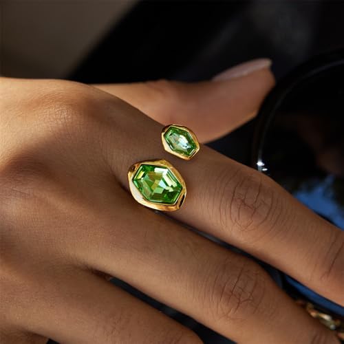 18k Gold Plated Green Crystal Geometry Ring for Women Stainless Steel Chunky Sparkly Cubic Zirconia Hexagon Stackable Statement Adjustable Open Finger Band Rings Comfort Fit Holiday Party Jewelry