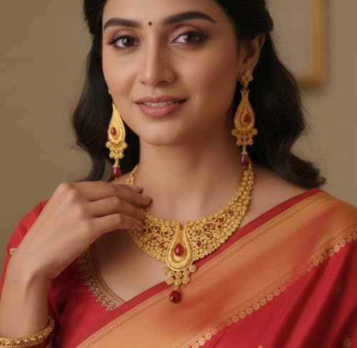 Touchstone Indian Bollywood Traditional Craftsmanship Mughal Designer Jewelry Wedding Necklace Set in Antique Gold Or White Tone for Women. - style: D454 Red