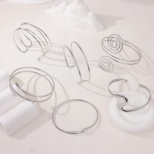 6 Pieces Upper Arm Cuff Arm Band Cuff Bangle Bracelet for Women Hammered Chunky Bracelets Open Wide Wire Bracelets Minimalist Coil Bangle Set Gold Sliver Wrist Cuff Wrap Bracelet Adjustable - color: Silver Cuff Bracelets C