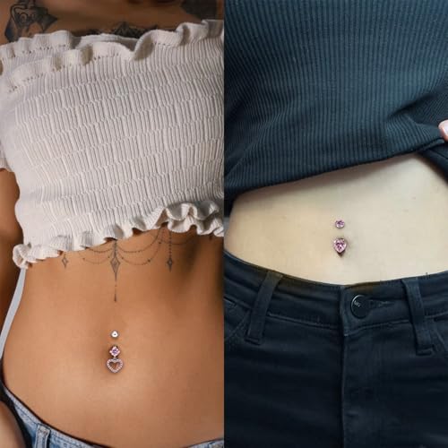 14G Dangle Belly Button Ring Piercing Jewelry 316L Stainless Surgical Steel Heart Flower CZ Reverse Navel Rings Dangling Belly Button Ring Piercing Jewelry for Women 14 Gauge Hypoallergenic - style: 5Pcs Pink