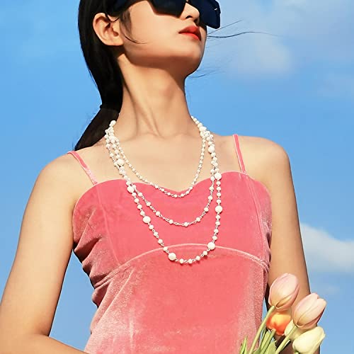 Firstmeet Long Chain Multi Layer Fashion Glass Beads Handmade Necklace for Women - color: White-y