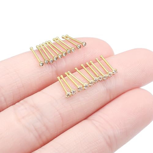 20Pcs Nose Rings Studs Surgical Steel L-Shape Nose Rings for Women 1.5mm 2mm Cubic Zirconia Nose Screw Studs Hypoallergenic Nose Piercings Jewelry 24g 22g 20g 18g - color: straight,goldtone, size: 22g,1.5mm CZ