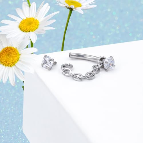 3 Pcs 316L Stainless Steel 16G Tragus Helix Rook Piercing Jewelry with Chain, Cartilage Earrings for Women, Belly Button Ring Vertical Labret Lip Piercing Jewelry - color: Silver, size: Prong Setting