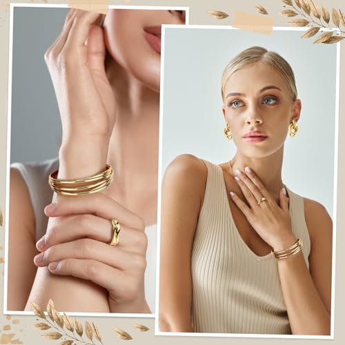 Misdary 3 Pcs Jewelry Gifts Set Bracelets Earrings Ring Cuff Bangle for Women Wedding Birthday Gifts - color: Gold, style: Irregular