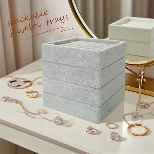 SCIKHETF Velvet Ring Earrings Studs organizer Tray Small Ring Insert Display Tray 5 Slots Stackable (Grey) - color: Grey