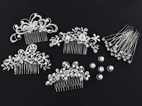 Cinaci 36 Pack Sparkly Silver Rhinestone Pearl Flower Butterfly Bridal Hair Side Combs+U-shaped & Twist Crystal Hair Pins Clips Wedding Headpieces Prom Accessories for Women Girls Brides Bridesmaids