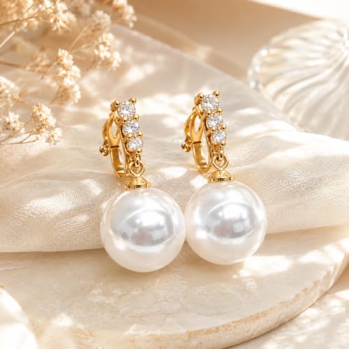 Pearl Clip on Earrings for Women - 14K Gold Silver Plated Cubic Zirconia Non Pierced Ear Clips Jewelry Gifts for Wedding Bridal Party Gifts - color: Gold-1 line CZ