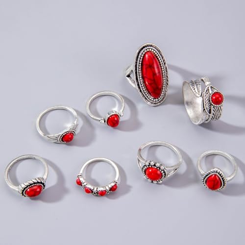 Bohemian Turquoise Ring for Women Stackable Vintage Chunky Boho Turquoise Ring Set Dainty Open Gemstone Knuckle Midi Finger Rings Western Statement Rings Jewelry - style: red eight