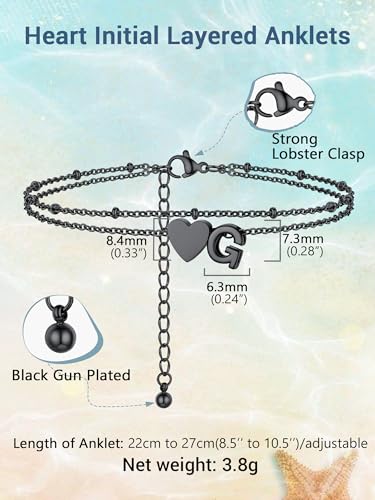 Initial Ankle Bracelets for Women, Dainty Stainless Steel Letter A-Z Layered Anklets, Heart Ankle Bracelet 8.5"-10.5" Adjustable, Summer Beach Jewelry, Come with Box - color: Black, size: G