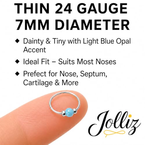 Jolliz Opal Nose Rings Hoops โ 24 Gauge Classic Design, Elegant Nose Rings for Women & hypoallergenic Nose Piercings Jewelry Perfect for Any Occasion with Comfortable Fit - color: Light Blue Opal Silver