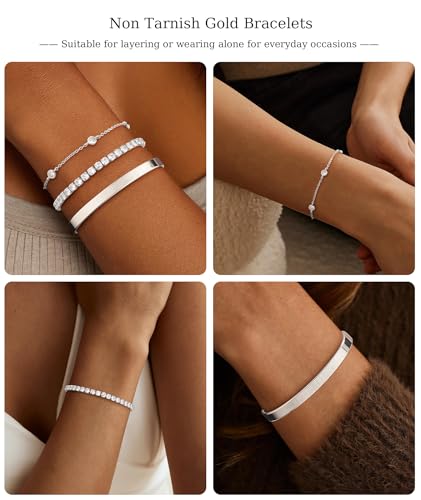 ZOERAY Silver Gold Bangle Bracelets for Women Non Tarnish 14k Gold Plated Stackable Cuff Bracelets for Women Trendy Cubic Zirconia Stainless Steel Chunky Bracelet Stack Set Waterproof Jewelry Gifts - color: D.Cubic Zirconia-Silver