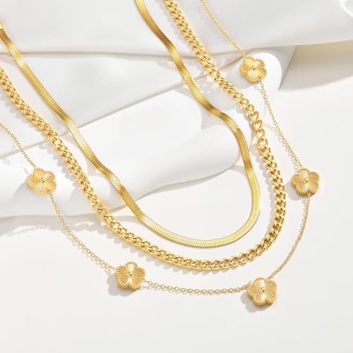 MPRAINBOW Gold Layered Necklace for Women - 3Pcs 18K Gold Plated Floral Necklaces, Stainless Steel Stackable Cuban Link Chain Non Tarnish Trendy Jewelry, Herringbone Chains Christmas Birthday Gifts - color: Gold