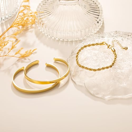 14K Gold Plated Stackable Bangle Bracelets for Women | Dainty Cuff Bracelets, Stackable for Women, Waterproof Bracelet Stack, Gold Jewelry Gifts Trendy Adjustable Accessories - color: 3-layer-B-Gold