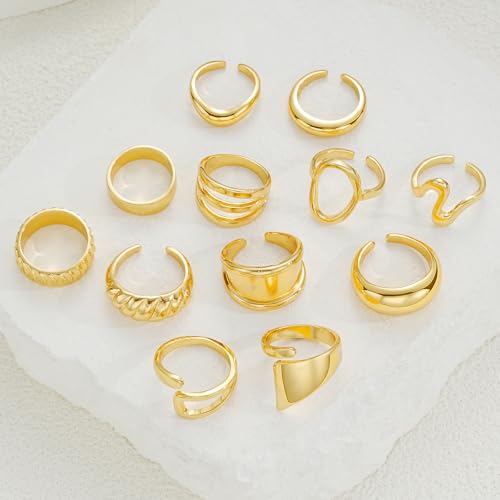 17 MILE Chunky Gold Stackable Rings for Women Non Tarnish, 18K Gold-Plated Statement Open Stacking Rings, Knuckle Band Ring Set - color: 12 Pcs Gold