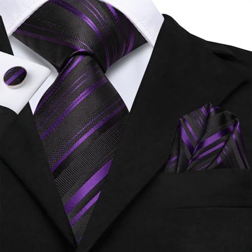 Hi-Tie Men 63inches Tie Set Extra Long Necktie Paisley Tie Pocket Suqare Cufflinks Big and Tall Men Tie - color: Black Purple Dark