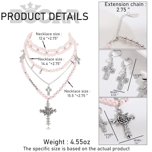 Bocar Gothic Cross Layered Pearl Necklace Chunky Statement Stacked Necklace Y2K Silver Layered Necklace for Women (NK-10769) - color: Pink