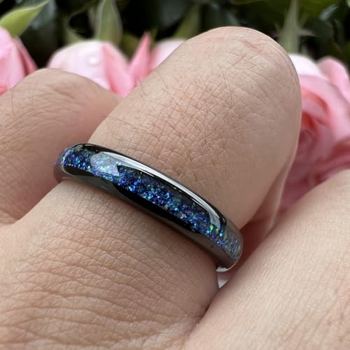 TUTISS 4mm Silver/Black Tungsten Rings for Women Men Engagement Wedding Bands Genuine Blue Green Galaxy Opal Inlay Domed Polished Comfort Fit - color: 4mm Black Tungsten Blue Galaxy Opal