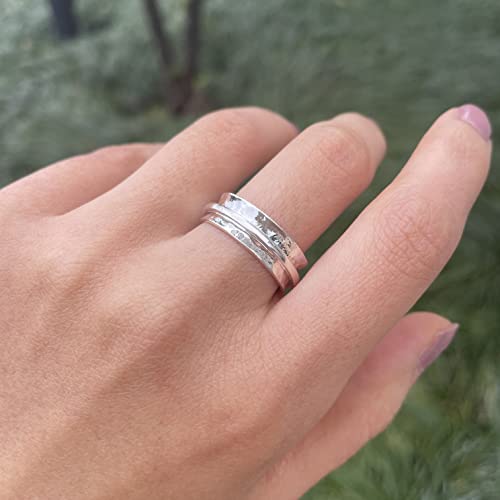 925 Sterling Silver Anxiety Ring with Beads Fidget Spinning Rings for Women Worry Beads Rings - color: hammered design A