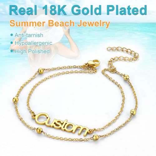 U7 Custom Layered Ankle Bracelets for Women Stainless Steel Bead/Cuban/Figaro/Rope/Wheat Chain Anklet Waterproof Anklet Jewelry for Beach Vacation - color: a-Gold Plated-Bead Chain