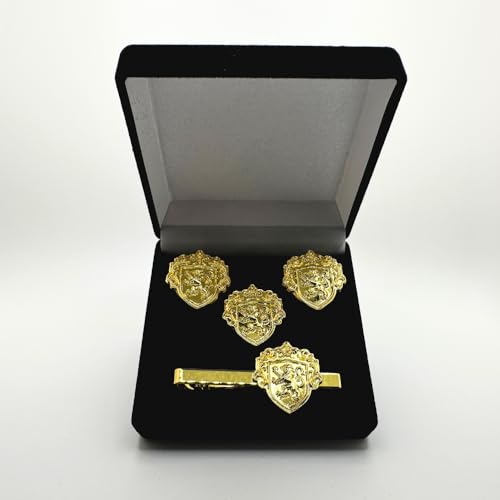 Men’s Cufflinks, Tie Bar, and Tie Pin Set – Royal Blue on Gold with Raised Lion Crest, Gift-Boxed for Business and Formal Occasions - color: Gold-tone