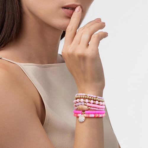 Summer Surfer Heishi Bracelet Set for Women Stackable Gold Plated Clay Ploymer Bead Stretch Pink Beach Layering Bracelets Jewelry - color: A-Pink Watermelon shell charm 7pcs