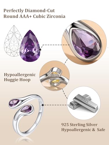 Bestyle Silver Birthstone Ring for Women, Dainty Sterling Silver Teardrop Ring Open Adjustable Band Ring, Love Statement TOI et Moi Ring Promise Ring for Her - color: 02.February ( Amethyst)