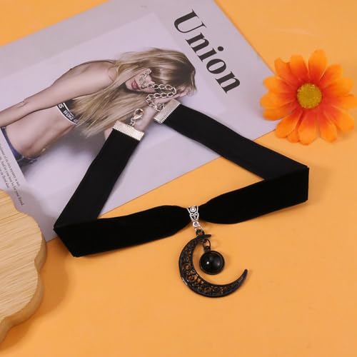 Gothic Black Velvet Goth Choker Necklace for Women,Cameo Black Choker Crow Skull Pendant Necklace Vintage Collar Skull Necklace Gothic Jewelry - style: Black moon