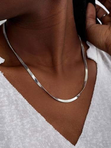 ChainsHouse Flat Snake Chain Herringbone Choker Necklace for Women, Stainless Steel/Rose Gold/18K Gold Plated Dainty Adjustable Simple Short Layered Necklaces, 12"/15"/18" with 3.5" Extender - color: a. stainless-5mm