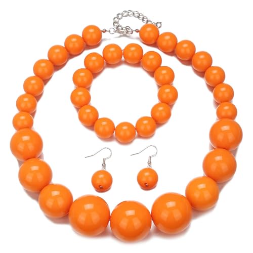 Colorful Round Beaded Earrings Neacklace Set Retro Imitation Pearls Beaded Bracelet Geometric Acrylic Beads Dangle Earrings 70s 80s Exaggerated Necklace Bracelet Jewelry - color: Orange