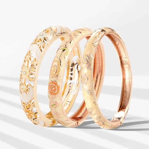 wynameleri Womens Multi-colors Cloisonne Bracelets Flower Enameled Gold Plated Hinged Cuff Bangles Jewelry Gift 3 Packs - color: 3 Pcs Set-Cream Yellow