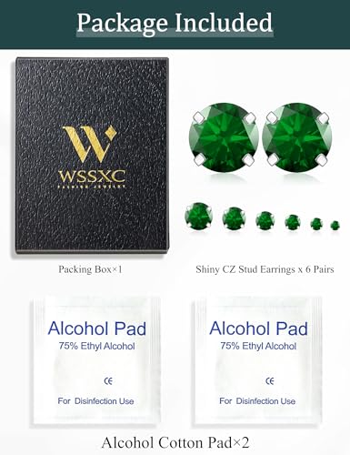6 Pairs Stud Earrings Set, Hypoallergenic Cubic Zirconia 316L Earrings Stainless Steel CZ Earrings 3-8mm (Steel color) - color: A-014-Green